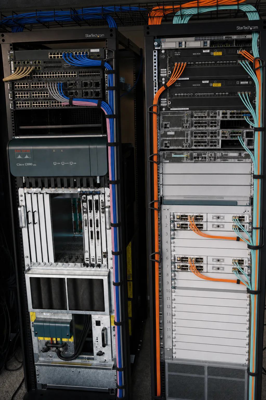 Network racks after structured cable organisation